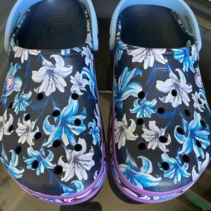 CROCS Black and Blue Floral Clogs